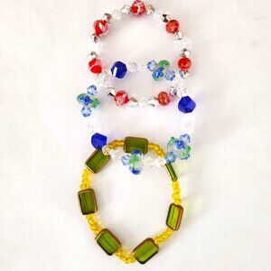 Lot of 3 bracelets stretchy 7-8"  Green red blue Hand made DISCOUNT SHIPPING!!